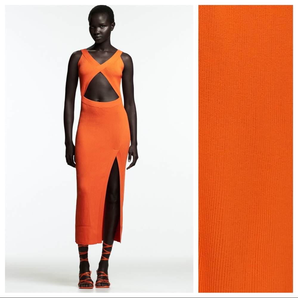NWT. Zara Limited Edition Orange Knit Midi Dress with Cut-out Detail. Size  M.